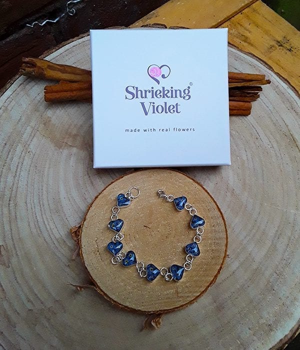 Image of Sterling Sliver Heart shaped bracelet with real flowers - Shrieking Violet